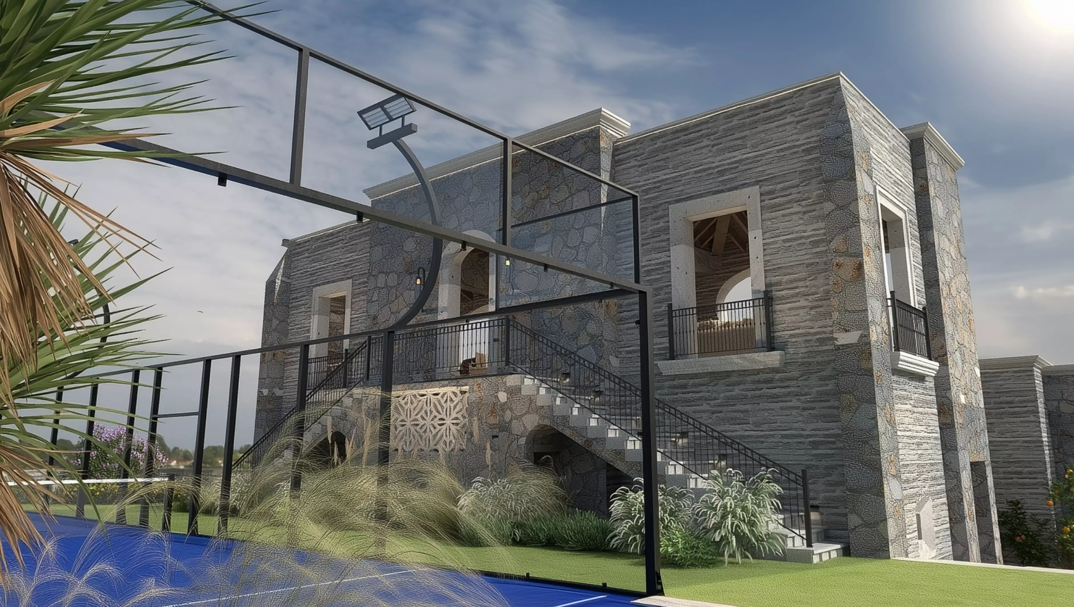 Render de la Casa Club con cancha de pádel